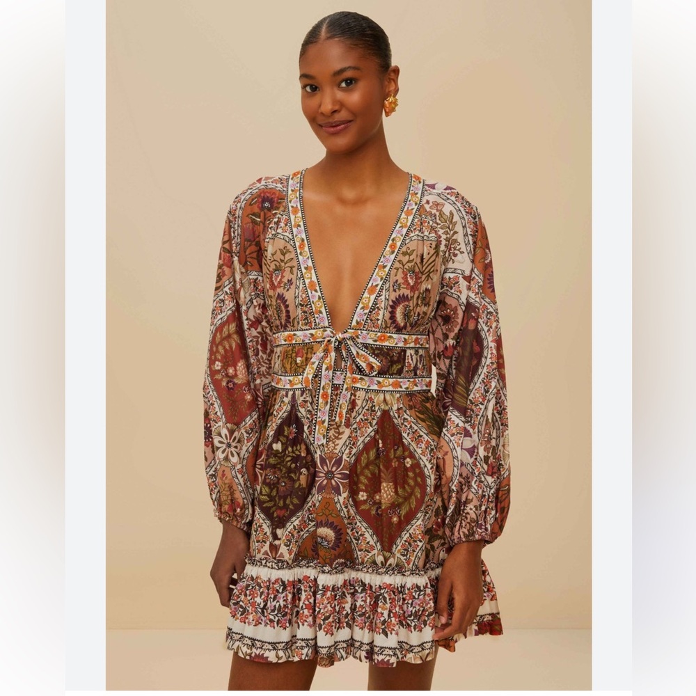 Anthropologie x FARM Rio Rust Floral Deep-V Tie-Waist Maxi Dress